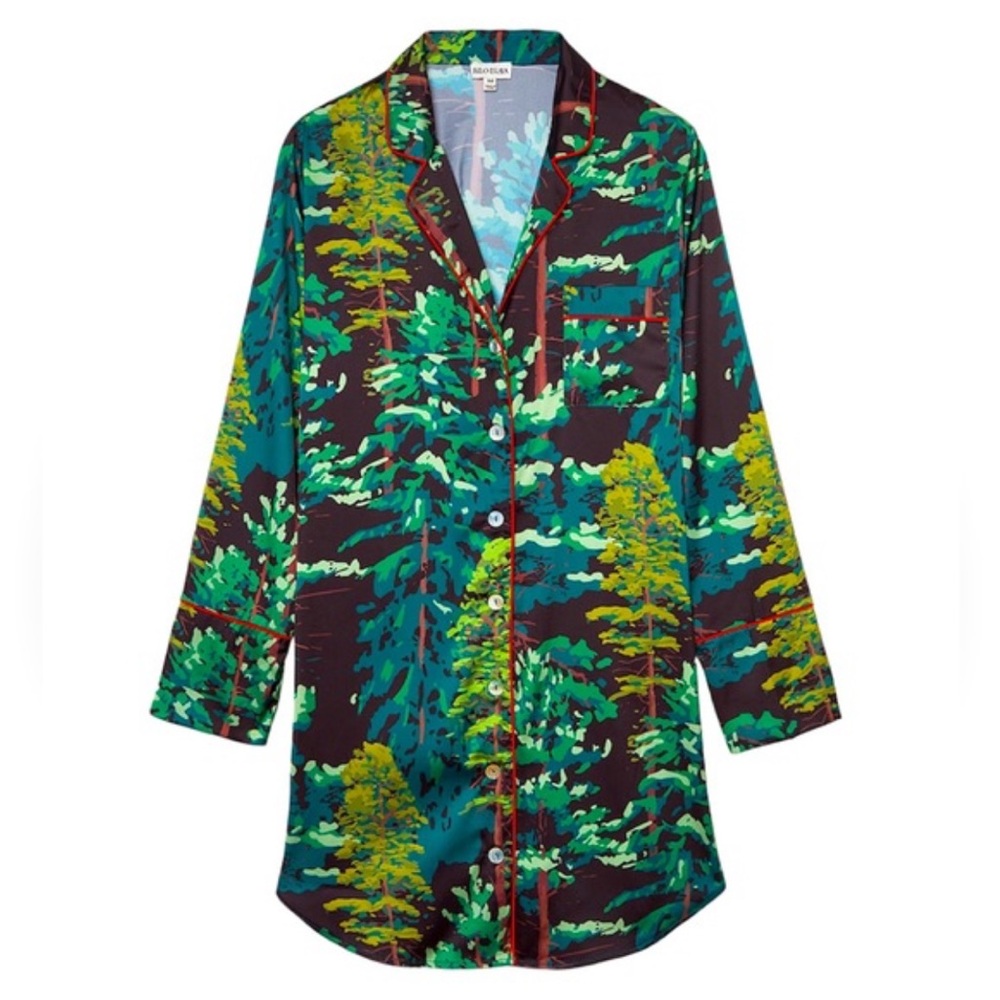 Kilo Brava Print Long Sleeve Satin Sleep Shirt Dress Evergreens Charmeuse Green